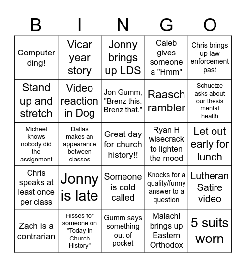 Wednesday Bingo Card