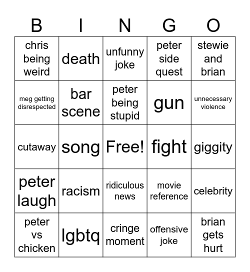 Family Guy Bingo Card