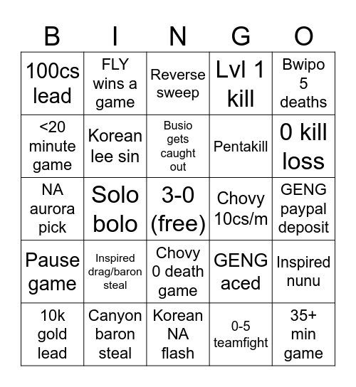 FLY vs GENG Bingo Card