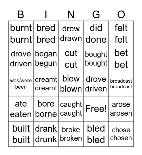 Irregular Verbs part 1 Bingo Card