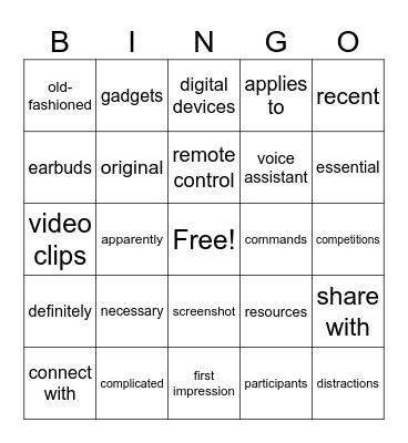 Vocabulary Bingo Card