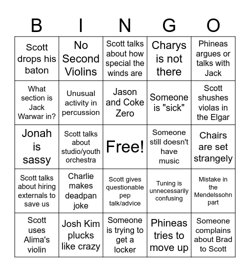 Fall 2024 Orchestra Bingo Card