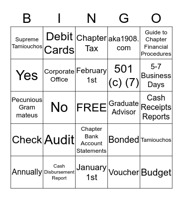 Tau Psi Chapter Fiscal Fitness Bingo Card