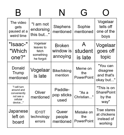 MHT bingo, Term 4 Bingo Card