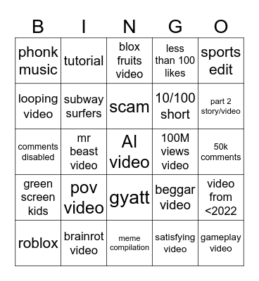 youtube shorts bingo Card