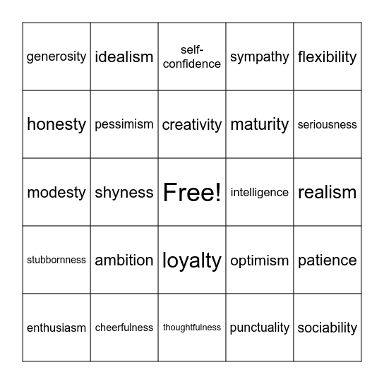 Describing character Bingo Card