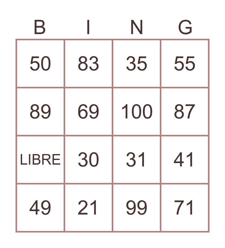 Les nombres 1100 Bingo Card