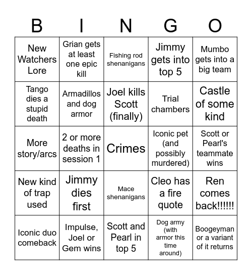 Life Series S6 Bingo Card Bingo Card