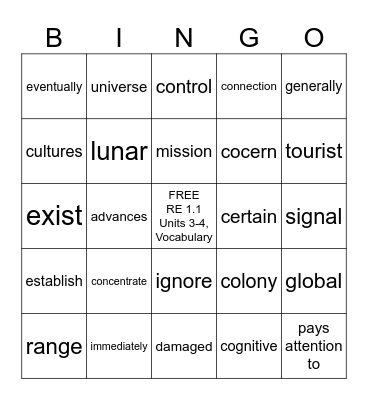 RE 1.1 Units 3-4, Vocabulary Bingo Card