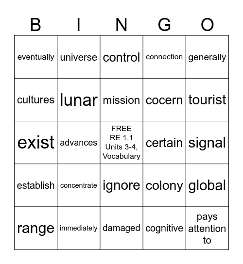RE 1.1 Units 3-4, Vocabulary Bingo Card