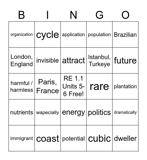 RE 1.1, Units 5-6 Bingo Card