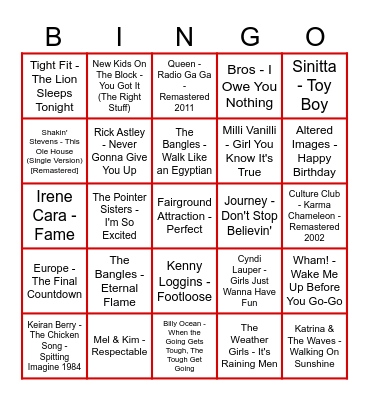 80's Musical Bingo Card