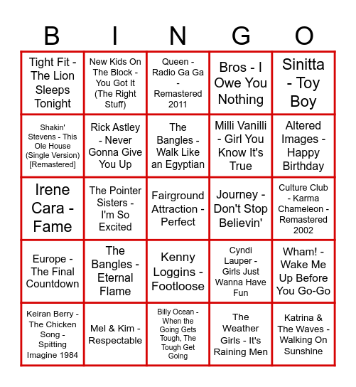 80's Musical Bingo Card