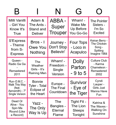 80's Musical Bingo Card