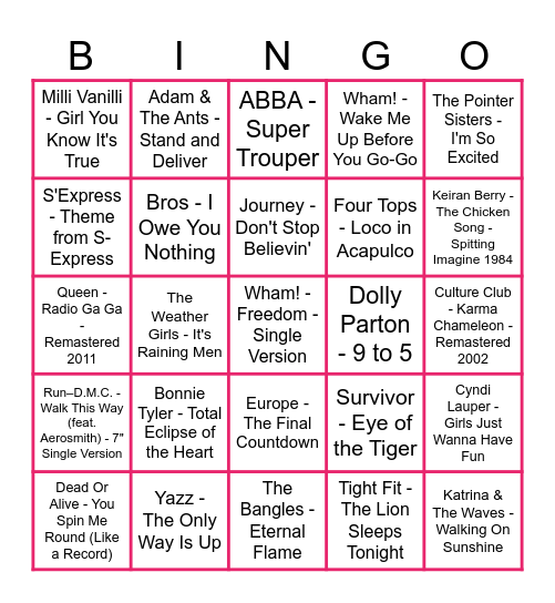 80's Musical Bingo Card