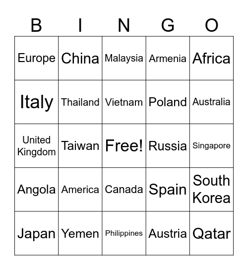COUNTRY Bingo Card