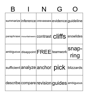 Vocabulary  Bingo Card