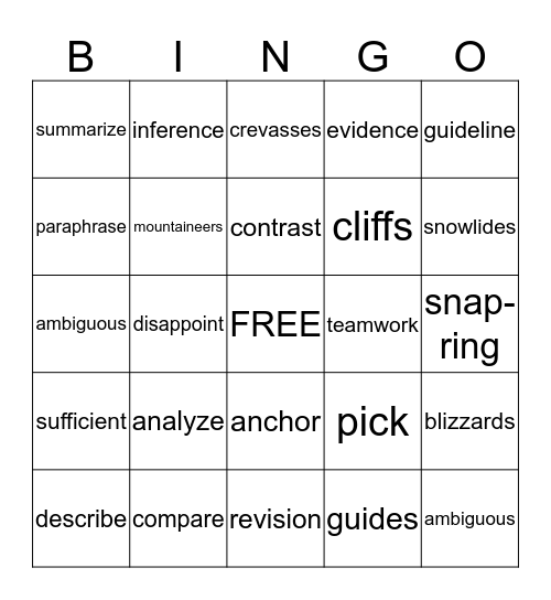 Vocabulary  Bingo Card