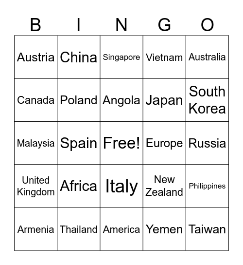COUNTRY Bingo Card