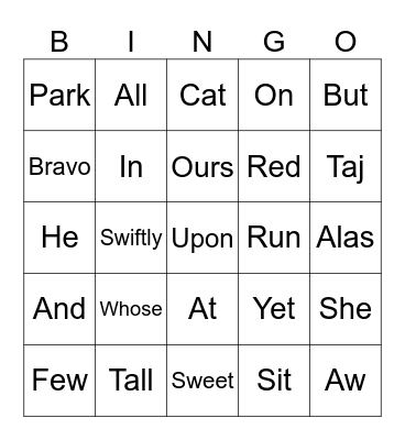 Parts of speech Bingo Card