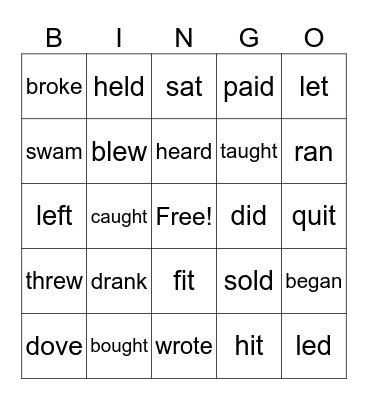 Irregular past tense verbs Bingo Card