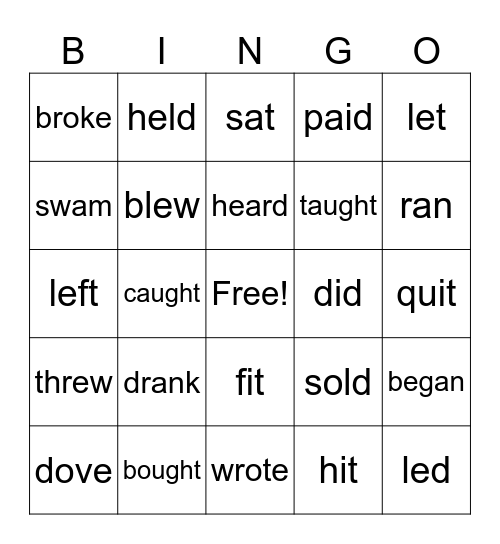Irregular past tense verbs Bingo Card