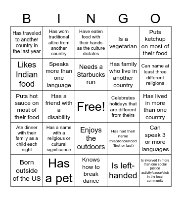 Cultural Diversity Bingo Card