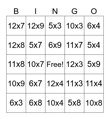 Multiplication Bingo Card