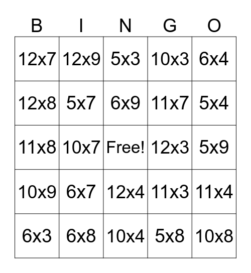 Multiplication Bingo Card
