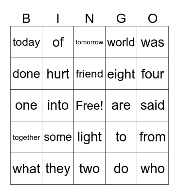 Sight Word Bingo Card