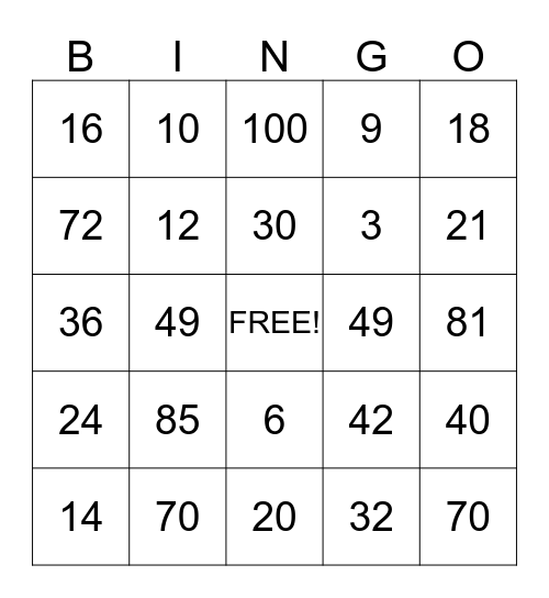 MULTIPLICATION BINGO Card