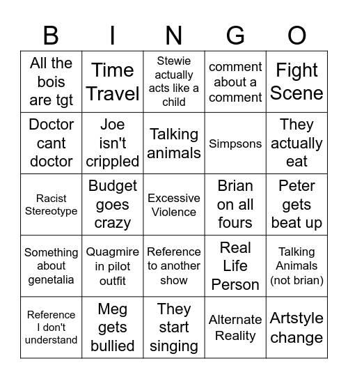 Family guy bingo Card