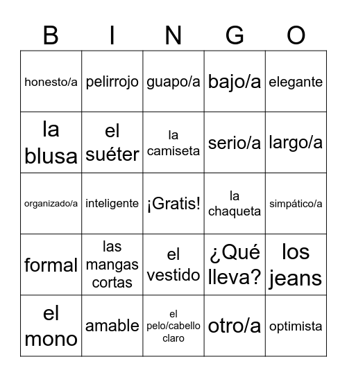 Vocabulario de 1.2 Bingo Card