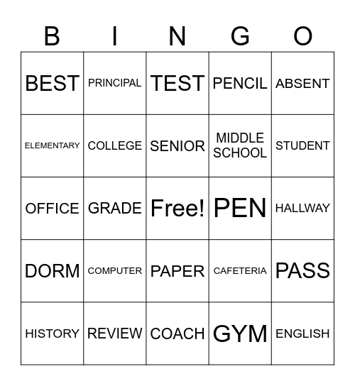 CP 2 School Bingo Card