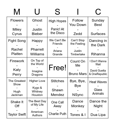 Pop Music Bingo Card