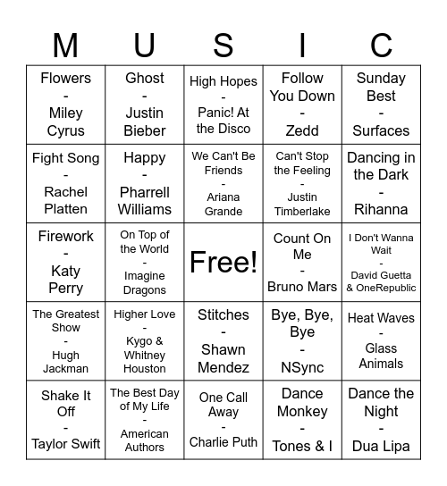 Pop Music Bingo Card