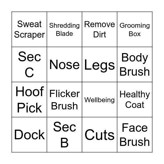 Grooming Bingo Card