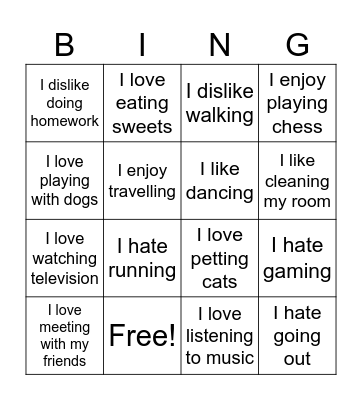 Likes and dislikes Bingo Card
