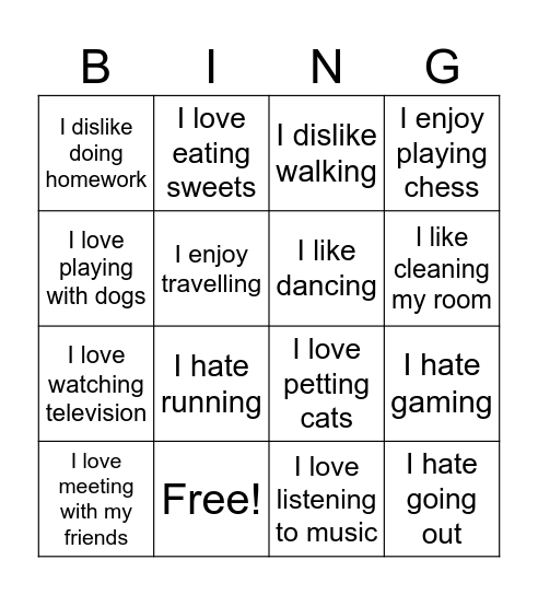 Likes and dislikes Bingo Card