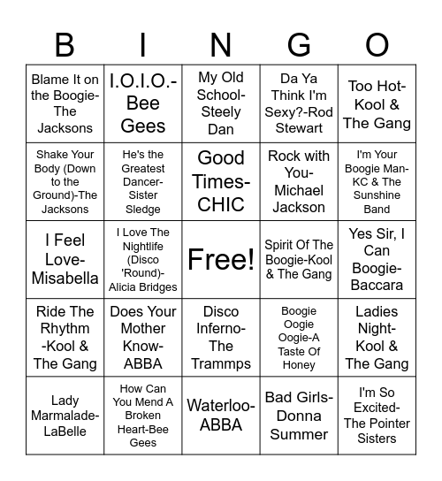 70s Disco Bingo Card