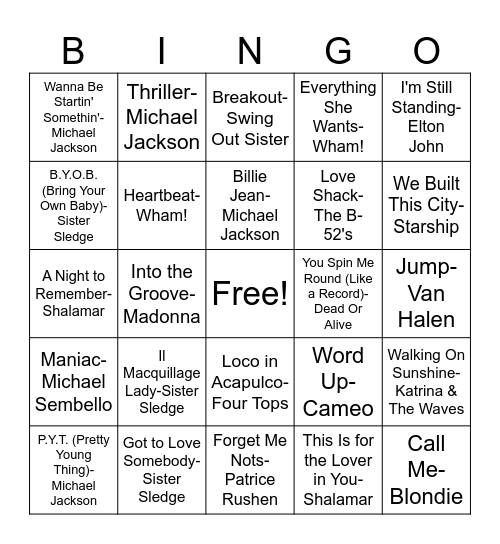 80s Disco Bingo Card