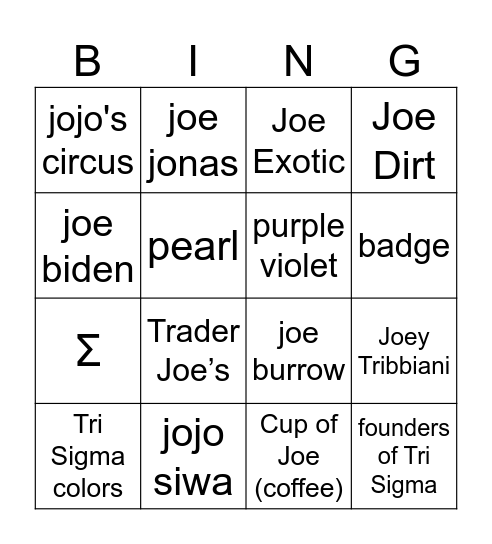 Tri Sigma Bingo! Bingo Card