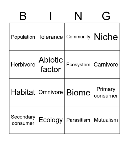 Ecology Bingo Card