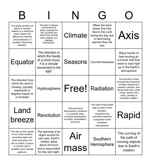 Weather and Climate Bingo Card