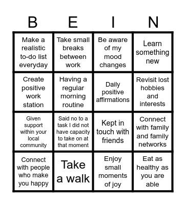 Wellbeing Bingo Card