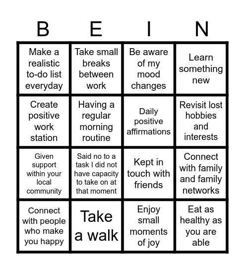 Wellbeing Bingo Card