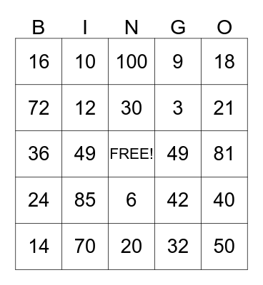 MULTIPLICATION BINGO Card