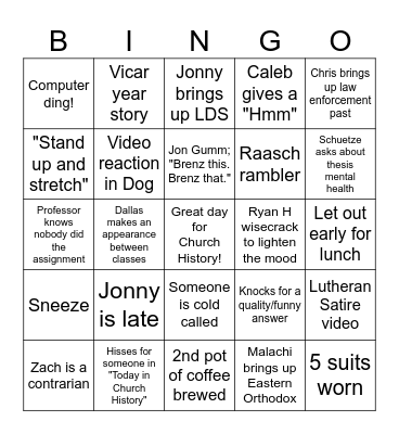Wednesday Bingo Card