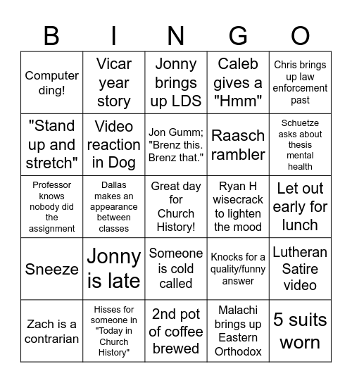 Wednesday Bingo Card