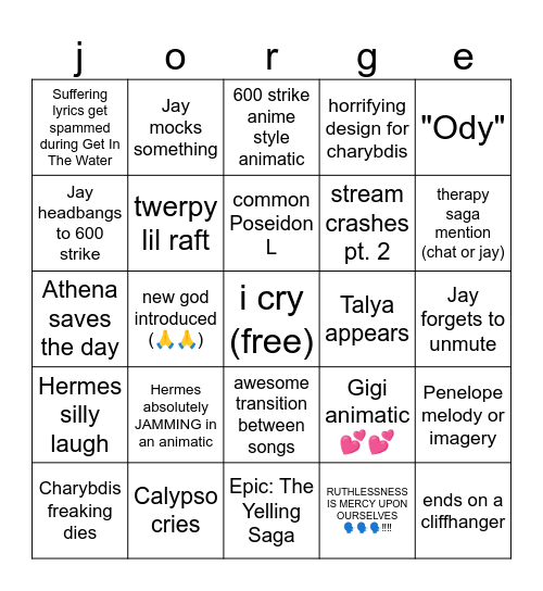 vengeance saga epic the musical Bingo Card